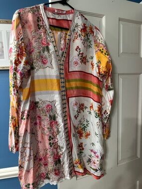 Johnny Was Multicolor Floral Patchwork Tunic — Pink, Yellow, Green, Orange
